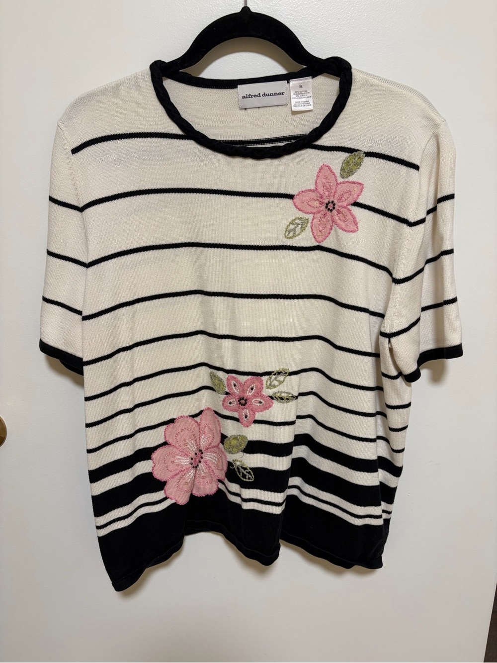 Alfred Dunner Cream & Black Striped Short-Sleeve Top with Pink Floral Appliqués